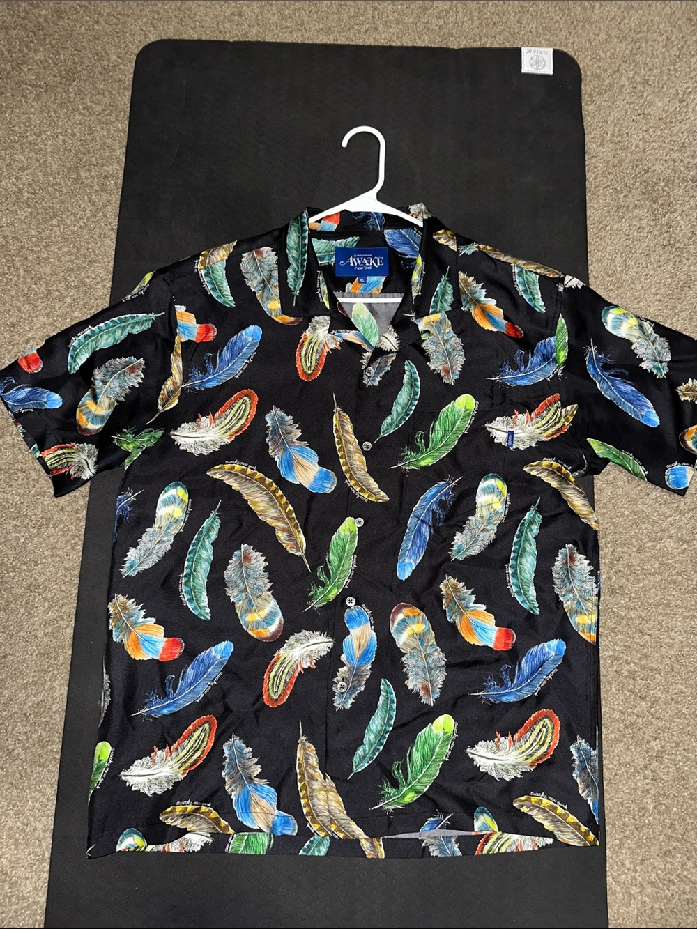Awake NY Black Short Sleeve Shirt with Multicolor Feather Print
